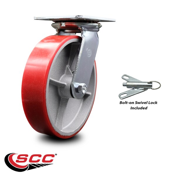 8 Inch Red Poly on Cast Iron Caster with Ball Bearing and Swivel Lock SCC